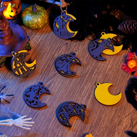 Halloween Wood Carving Ornaments, Doors & Windows Decorations Hanging Moon Series